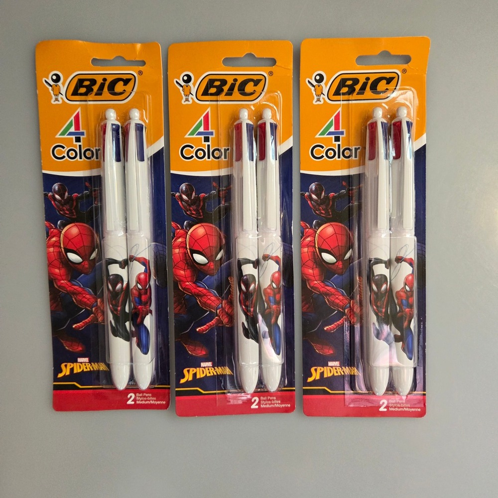 BIC 4 Color Marvel Spider-Man Retractable Ballpoint Pens 3 Packs of 2 Total 6